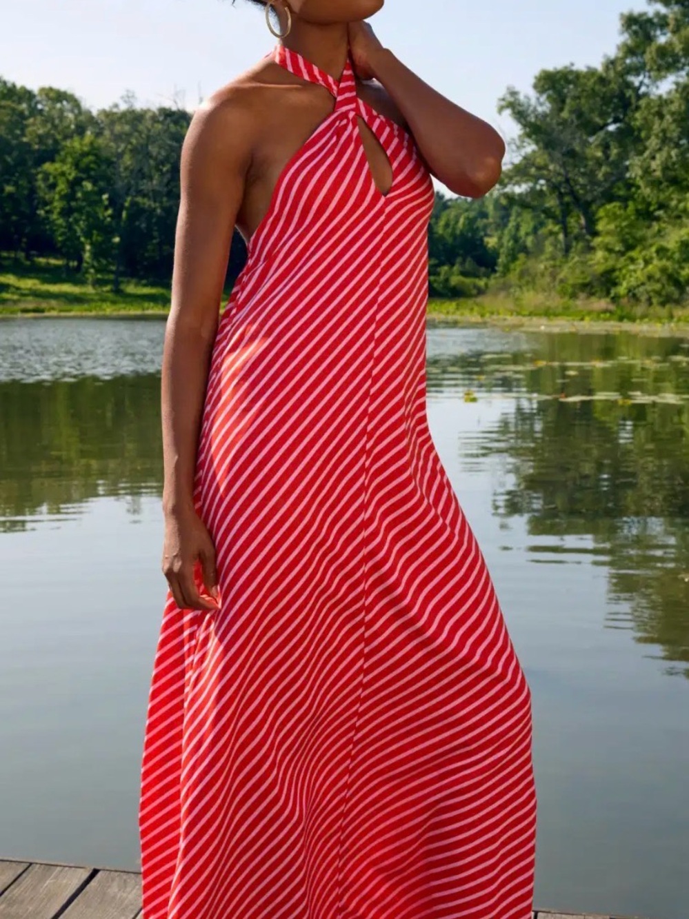 Red & Pink Striped Halter Maxi Dress